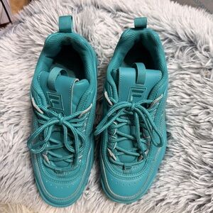 Teal Turquoise Fila Disruptor 2 Platform Wedge Sneakers, Women's Size 7